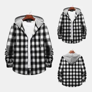 Men's black and white plaid long-sleeve hooded shirt, versatile casual style.
