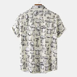 Back view of a men's casual short sleeve shirt with an all-over mushroom print pattern.
