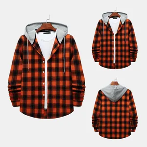 Men's orange and black plaid hooded long sleeve shirt shown in front and back views.