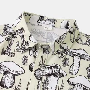 Close-up detail of a men's slim-fit short-sleeved shirt collar with mushroom print