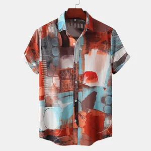 Detailed view of men's casual short-sleeve shirt with vibrant abstract oil painting print.