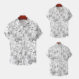 Multiple views of men's slim short-sleeved shirt with black and white print pattern