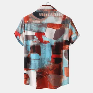 Back view of men's short-sleeve casual shirt with artistic abstract colorful print