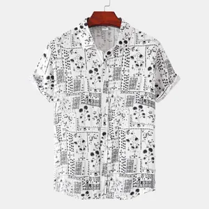 White men's short sleeve shirt with black botanical floral print on wooden hanger