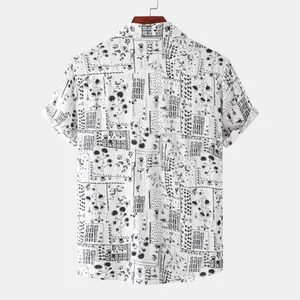 Detailed back view of a men's short sleeve shirt with black abstract art print on white background