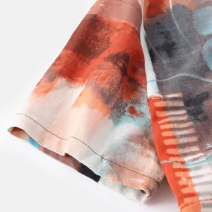 Close-up of short sleeve cuff showing colorful abstract print and fabric texture
