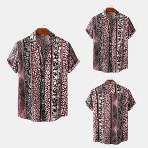 Detailed views showing front and back prints of this men's floral short sleeve shirt