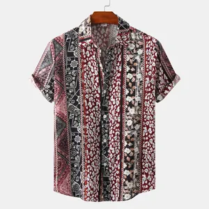 Vintage ethnic floral patchwork pattern summer short sleeve button-down shirt for men