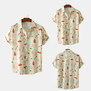 Detailed front and back views of men's beige short sleeve shirt with mushroom print