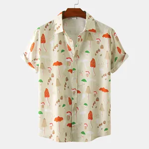 High-quality detail of men's short-sleeve casual shirt featuring a vibrant mushroom print