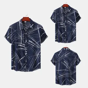 Vues avant et arrière d'une chemise bleu marine pour hommes avec imprimé lignes blanches