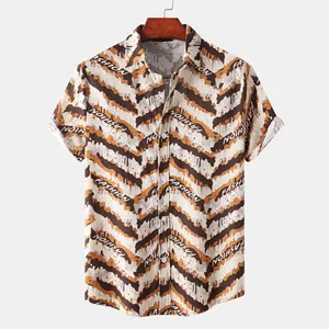 Ethnic style men's casual short sleeve shirt featuring wavy brown FASHION print pattern
