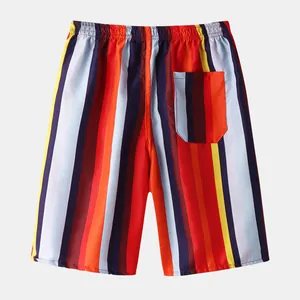 Back view of men's colorful striped beach shorts with a functional rear pocket