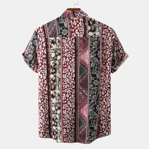 Detailed back view of a men's short-sleeve shirt with ethnic floral and leopard print