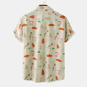 Back view detail of a men's casual slim fit short sleeve shirt with colorful mushroom print