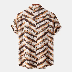 Back view of men's short-sleeve shirt with wavy brown stripes and fashion text print