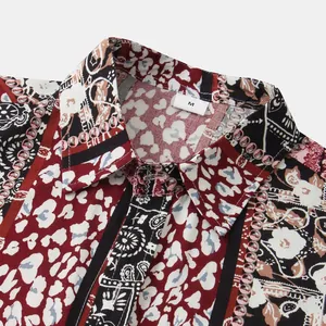 Macro view of men's vintage ethnic floral print summer shirt collar with M size tag
