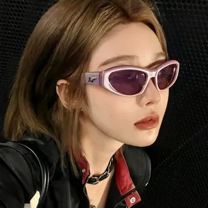 Trendy Y2K cat-eye sunglasses with purple lenses and silver star detail worn by a model