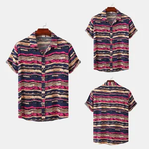 Men's short-sleeved shirt with colorful horizontal stripes, front and back views
