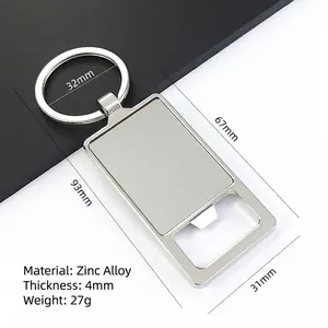 Detailweergave met afmetingen en specificaties voor de flesopener sleutelhanger van zinklegering
