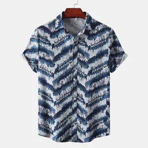 Men's casual short sleeve button down shirt with blue camouflage pattern and fashion print