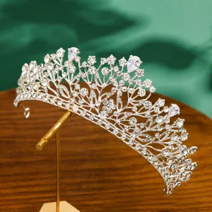 Elegant silver plated bridal crown tiara with brilliant zircon stones for wedding accessories