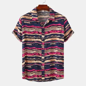 Detailed front view of men's summer shirt showcasing a colorful artistic striped pattern design