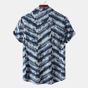 Back view of men's short-sleeved casual shirt with blue wavy patterns and letter print