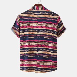 Back view of men's short-sleeve shirt with artistic pink and blue horizontal stripes