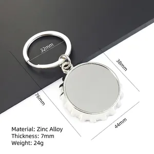 Gedetailleerde afmetingen voor de zilveren flesopener-sleutelhanger van zinklegering.