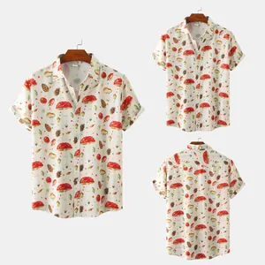 Detailed view of men's casual short sleeve shirt featuring forest mushroom and pinecone print