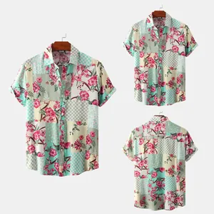 Multi-angle view of men's floral print short-sleeved shirt with patchwork design