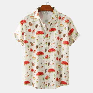 Detail view of men's short-sleeved casual shirt with vibrant mushroom and pinecone print