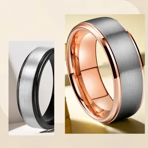 Men's two-tone titanium steel ring with brushed silver finish and rose gold interior