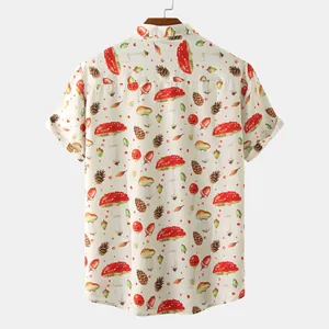 Back view of men's casual short sleeve shirt featuring vintage mushroom print