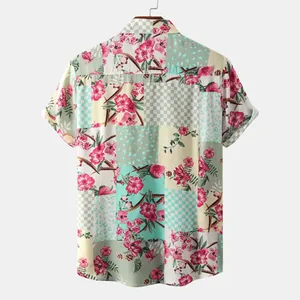 Back view of men's floral patchwork short sleeve shirt with vibrant summer patterns