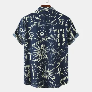 Back view of men's navy blue tribal print short sleeve shirt with abstract white patterns