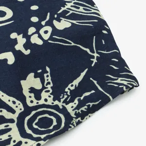 Macro detail view of ethnic floral print on navy blue linen-textured men's shirt