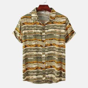 Detailed view of men's short-sleeved shirt with abstract horizontal earth-tone stripes
