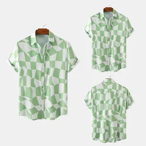 Detailed multiple views of men's green and white geometric print short sleeve shirt