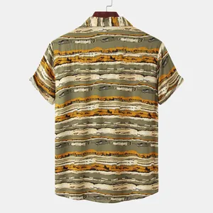 Back view of men's short sleeve shirt featuring retro horizontal stripe pattern.