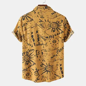 Back view of men's casual short-sleeve shirt with ethnic sun and script print