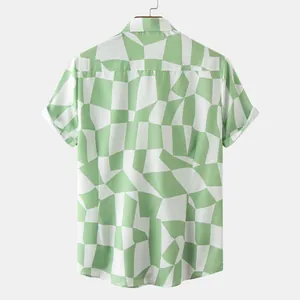 Back view of men's casual short-sleeve shirt with green and white geometric pattern