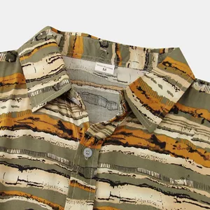 Close-up detail of the collar and earth-tone stripes on this slim fit men's casual shirt