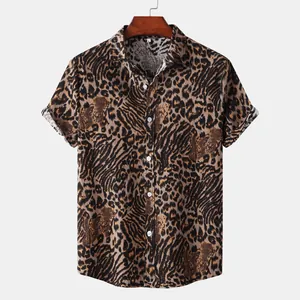Detailed view of men's casual leopard print short sleeve shirt with button-down collar
