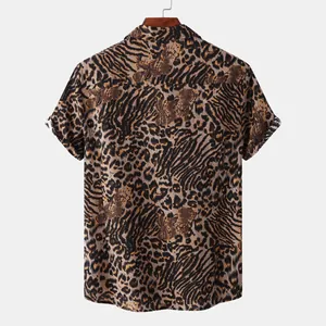 Detailed back view of a men's leopard print short sleeve shirt with bold animal patterns