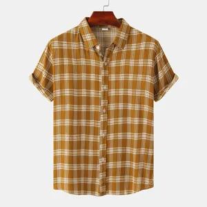 Men's casual yellow grid short sleeve shirt with button-down collar and texture