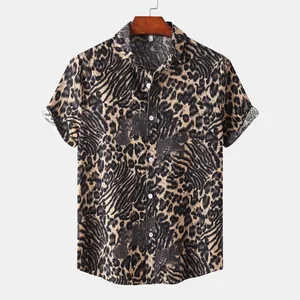 Detail of men's short sleeve shirt with bold leopard and tiger print pattern