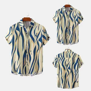 Detailed front and back views of a men's short-sleeve shirt with blue wavy patterns.