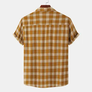 Rear view detail of a men's brown and white checkered short-sleeved slim casual shirt